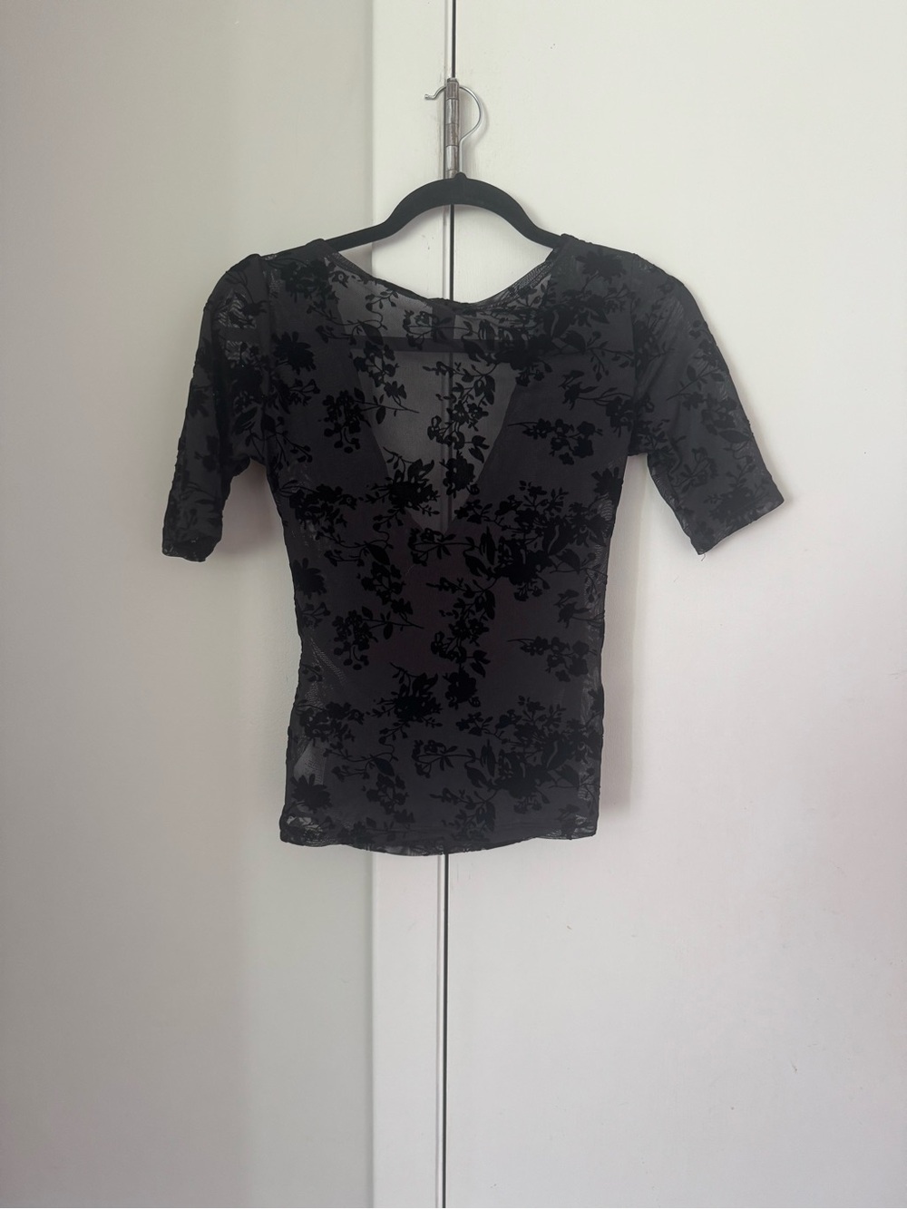 Sheer Black Floral Short-Sleeve V-Neck Top